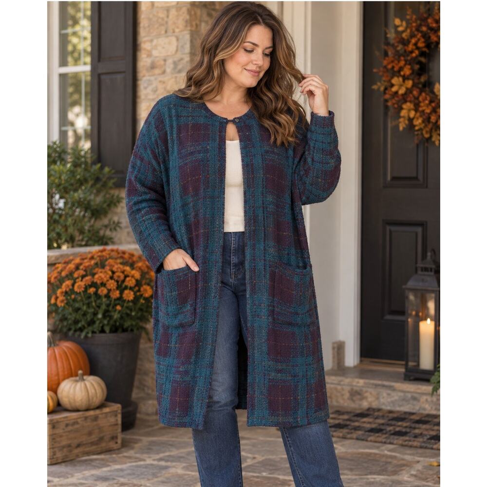 Plaid Wool Blend Longline Coatigan Cardigan Jacket Teal Burgundy Large